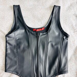 Faux Leather Black Crop Tank Top with Front Zip